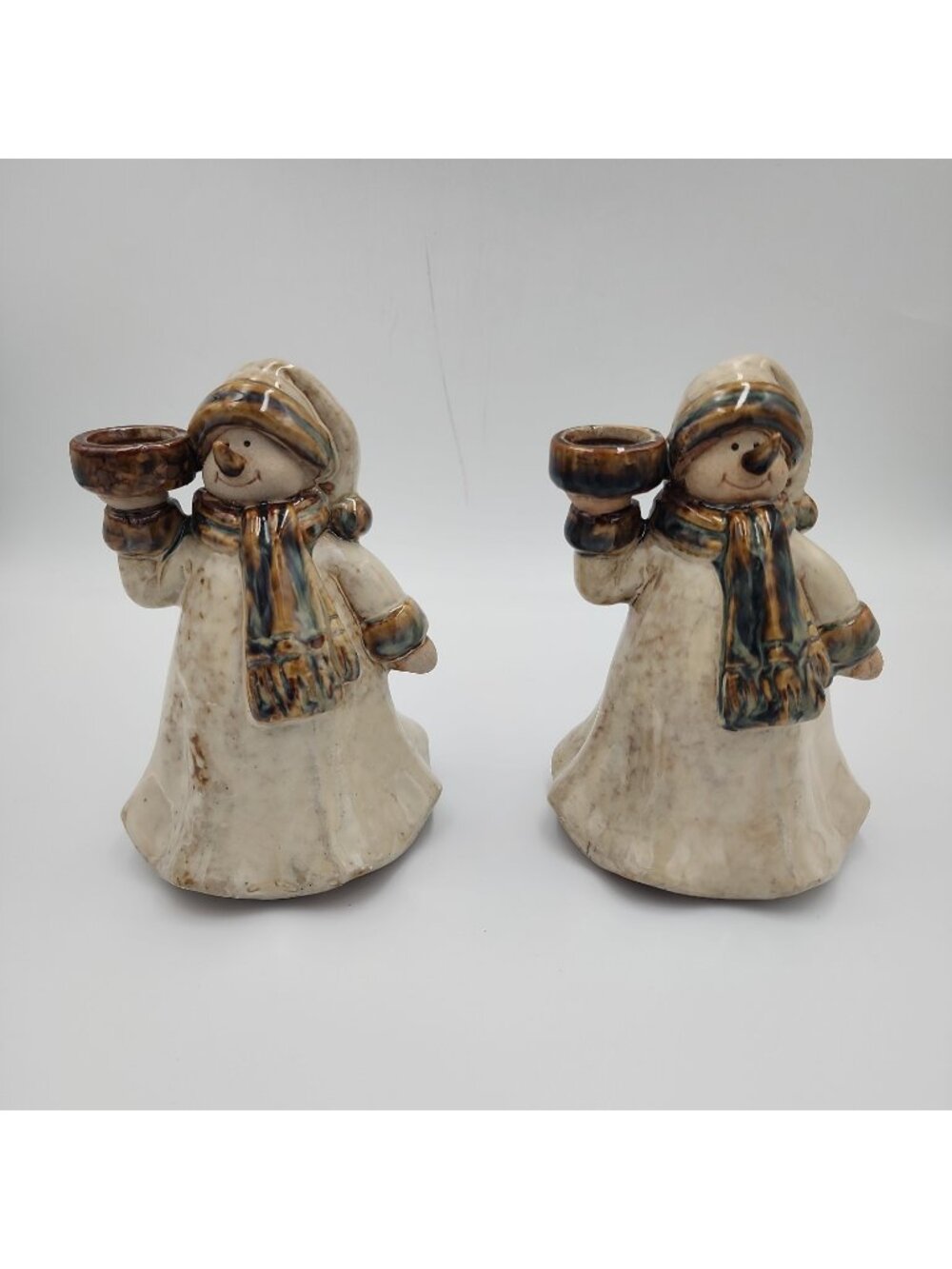 Pair Ceramic Pottery Snowman Candle Holder High Christmas Holiday Winter Set 2